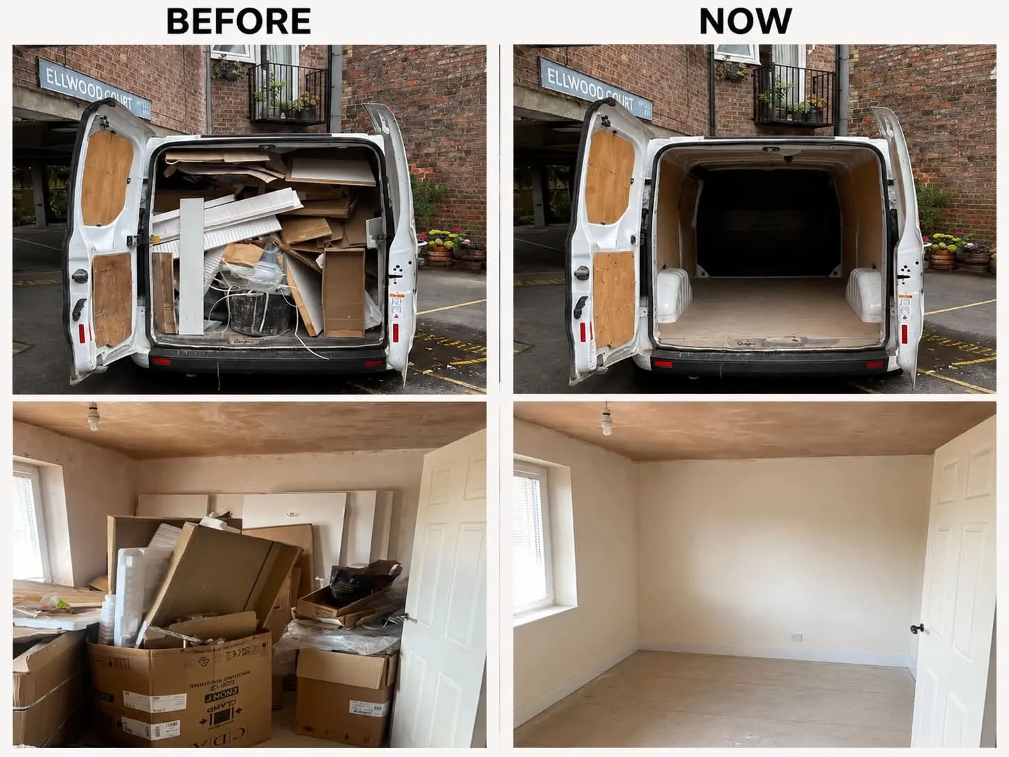Before and after: a van loaded with waste and a room full of boxes, then both cleared and empty
